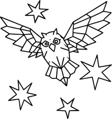 Owl Flying Across Shattered Stars Line Art Illustration on Transparent Background