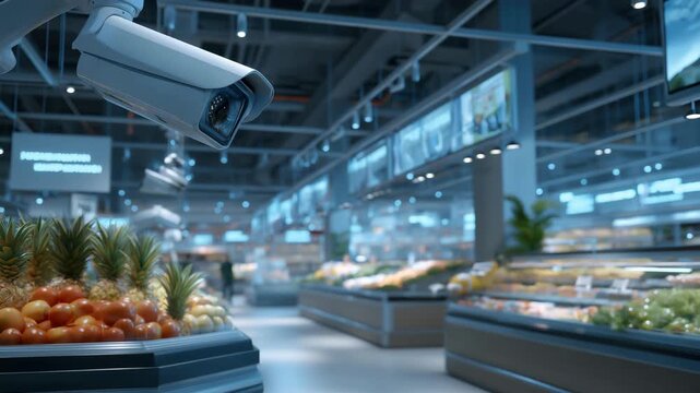 A modern supermarket equipped with visible surveillance cameras and clear safety signage, symbolizing prevention, transparency, technological advancement, and a secure shopping atmosphere.