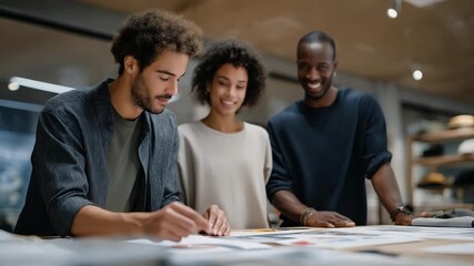 A diverse group of fashion designers collaborating on custom hat designs with sketches, color samples, and materials on a table, highlighting teamwork, innovation, diversity, and artistic - Powered by Adobe