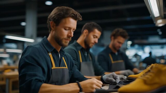 A diverse team of shoemakers repairing footwear in a bright, modern workshop, highlighting teamwork, professionalism, sustainability, innovation, and the revival of traditional repair services in a