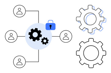 Interconnected profiles linked to a gear system with a security lock. Ideal for teamwork, security, process control, technology, network, project management, data systems. Simple flat metaphor