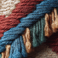Macro shot showcasing the intricate texture of a handwoven textile. Rich colors and detailed fibers create a warm, rustic aesthetic.