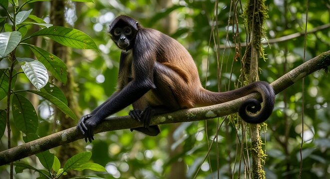Spider Monkey Perched on Branch in Lush Rainforest Canopy.