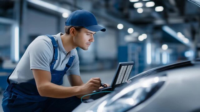 A mechanic connecting diagnostic sensors to a car&rsquo;s computer system, representing innovation, technology, data-driven solutions, and the evolution of modern automotive engineering. cinematic color