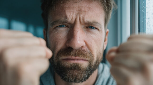 Anxious bearded man gazes intensely with worried expression, gripping window bars tightly in frustration and desperation du challenging times at home.