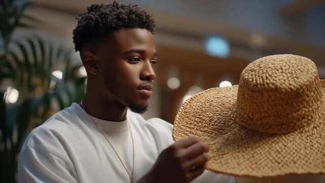 A designer testing hat shapes on a mannequin while adjusting proportions and decorations, highlighting creativity, quality control, design innovation, and the artistic process behind fashion