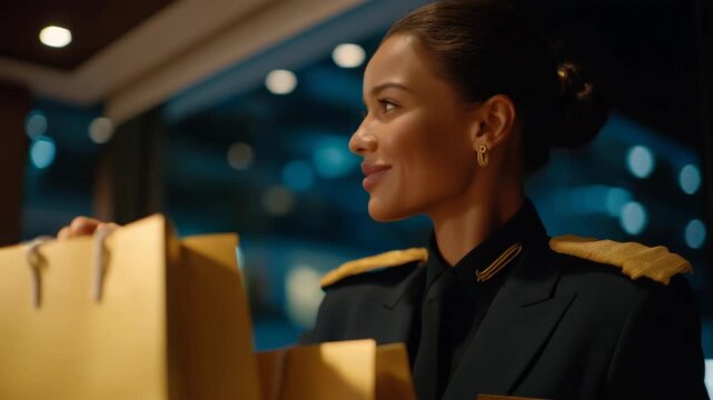 A female security officer inspecting shopping bags near the exit area under bright lights, showcasing diversity, professionalism, equality, and adherence to retail safety protocols in modern