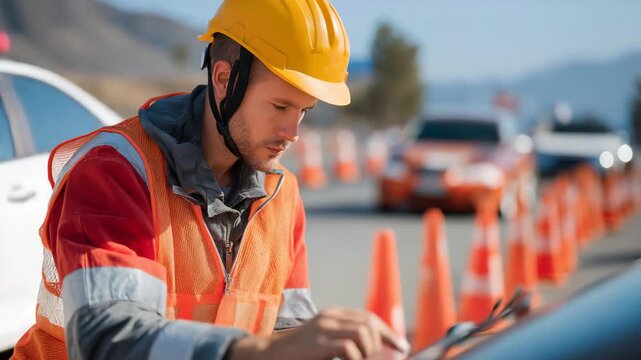 A paramedic and firefighter assisting at the scene of a minor crash while cars line up behind safety barriers, symbolizing teamwork, emergency response, and the importance of coordinated safety