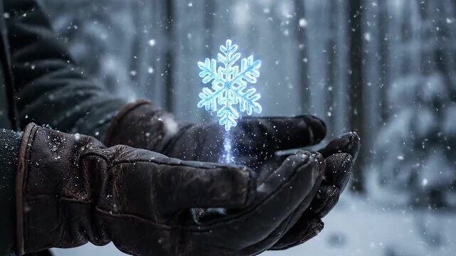 Man Holds Glowing Snowflake in Winter Forest