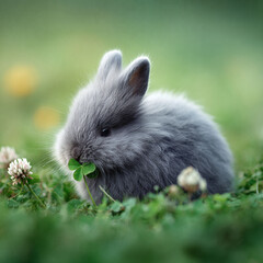 Adorable gray bunny eating a clover in lush green grass. Symbolizes spring, nature, innocence,  luck. Ideal for greeting cards, childrens books, or petrelated content.
