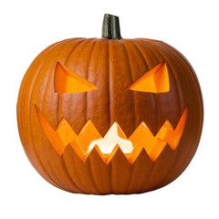 Spooky jack o lantern pumpkin carved for halloween with glowing interior light isolated on transparent background