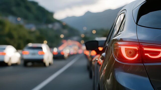 A view from inside a car showing a long queue of brake lights under cloudy weather, symbolizing delay, stress, infrastructure pressure, and the universal experience of modern road congestion after