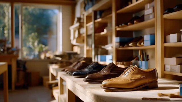A well-organized shoe repair workshop with shelves of restored and pending shoes, natural light, and handcrafted tools, symbolizing efficiency, sustainability, artisanal quality, and the revival of
