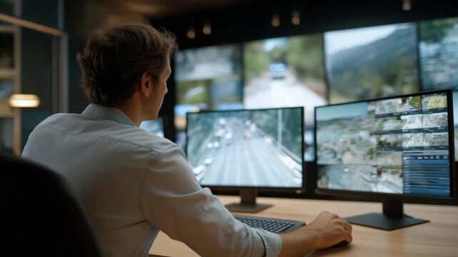 A traffic control center monitoring live feeds of a road accident and deploying assistance, representing technology, communication, data-driven management, and the modern approach to smart city