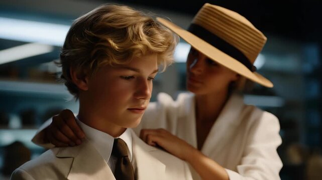 A young apprentice learning hat tailoring techniques from an experienced milliner, representing mentorship, education, skill development, tradition, and the transmission of craftsmanship in