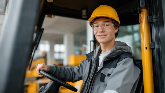 A young apprentice learning to operate construction equipment under supervision, representing education, mentorship, skill development, and the integration of safety culture into professional