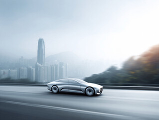 Sleek, futuristic car speeds on a highway with a cityscape backdrop. Symbolizes innovation, transportation technology,  progress. Ideal for future mobility concepts.