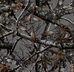 Realistic forest camouflage. Seamless pattern. Conifer tree, branches and leaves on sky blue background. Useable for hunting and military purposes.	