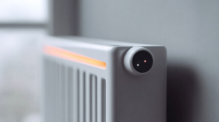 Sleek radiator with glowing accent, showcasing modern heating technology. Ideal for illustrating energy efficiency, home automation, or innovative design concepts.