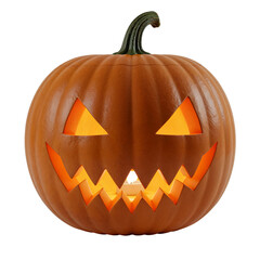 Spooky glowing jack o lantern pumpkin carved for halloween night celebration isolated on transparent background
