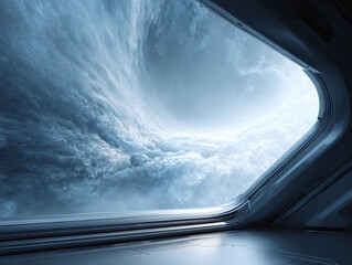 Obraz premium Futuristic view of a swirling nebula seen from a spacecraft window. Evokes concepts of exploration, discovery, and the vastness of space. Ideal for scifi projects.