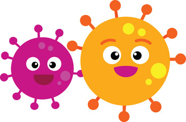 Fototapeta premium Two happy cartoon viruses with smiling faces and spiky protrusions representing infectious agents