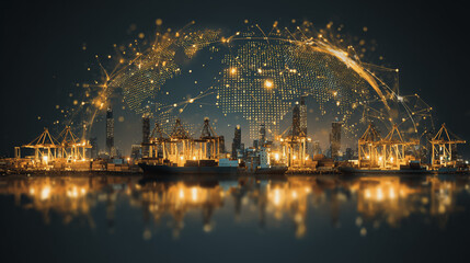 Double exposure of Twilight view of Container truck in ship port for business Logistics and transportation of Container Cargo ship and Cargo plane with working crane bridge with Earth and world map