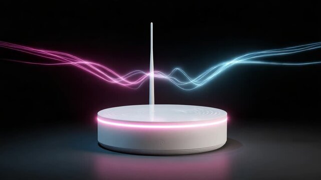 Dynamic Wireless Signal Emanating from a Sleek Base Station with Colorful Light Effects, Representing Advanced Connectivity in a Modern Technological Environment