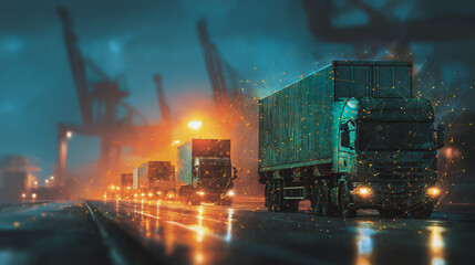 Double exposure of Twilight view of Container truck in ship port for business Logistics and transportation of Container Cargo ship and Cargo plane with working crane bridge with Earth and world map