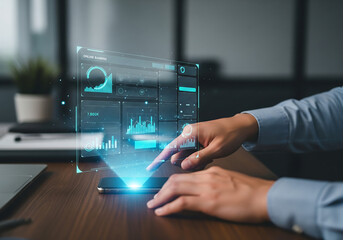 Effortless online banking on a futuristic interface, managing finances with ease and modern technology, visualizing data for smart financial decisions