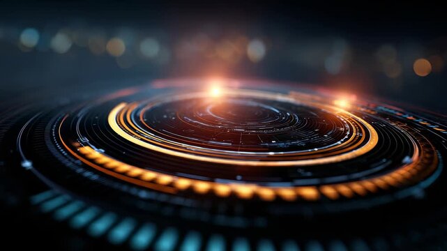 Futuristic digital interface with glowing circular patterns and dynamic light effects, representing advanced technology and innovation. Abstract cyber background for tech concepts