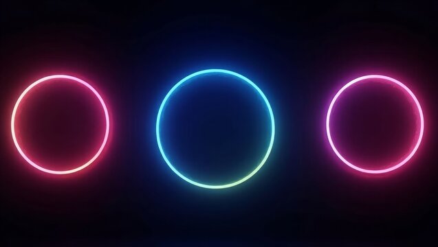 Three glowing neon circles on black background light