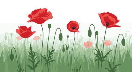 Fototapeta premium A field of bright red poppies gently swaying in the breeze on a clear day.