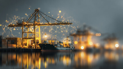 Fototapeta premium Double exposure of Twilight view of Container truck in ship port for business Logistics and transportation of Container Cargo ship and Cargo plane with working crane bridge with Earth and world map