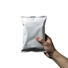 Hand Holding White Bag of Chips Isolated on Transparent Background