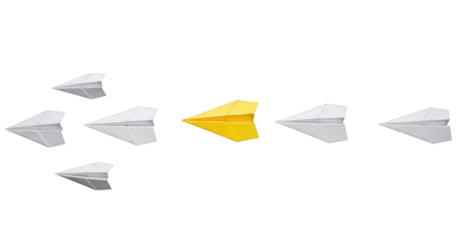 Golden paper airplane leading a flock of white paper airplanes transparent background cutout png - Powered by Adobe