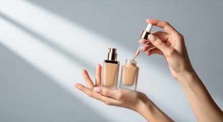 Elegant Hands Dispense Liquid Foundation with Dropper, Soft Light and Shadows