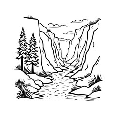 Illustrative representation of a stream flowing through rocky cliffs surrounded by pine trees and
