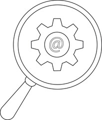 A magnifying glass reveals a gear with an  symbol inside all outlined in black