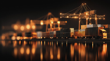 Fototapeta premium Double exposure of Twilight view of Container truck in ship port for business Logistics and transportation of Container Cargo ship and Cargo plane with working crane bridge with Earth and world map