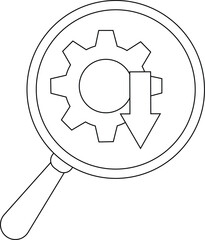 A magnifying glass zooms in on a gear icon and a downward arrow symbol