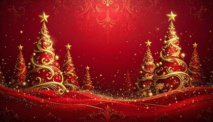 Red Christmas tree design with gold star on a red winter holiday background for a greeting card illustration