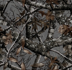 Realistic forest camouflage. Seamless pattern. Conifer tree, branches and leaves on sky blue background. Useable for hunting and military purposes.	
