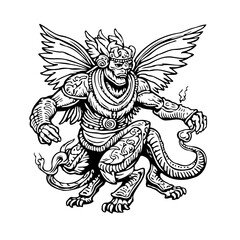Intricate monochrome illustration of mythical creature with detailed wings and ornate armor