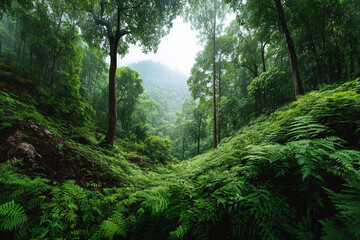 Obraz premium Lush green forest scene featuring ferns and tall trees, conveying tranquility and natural beauty. Ideal for nature, travel, or environmental themes. Serene.