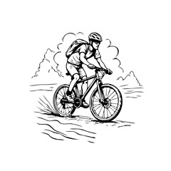 Naklejka premium Man riding mountain bicycle during adventurous journey in natural landscape scenic journey of the