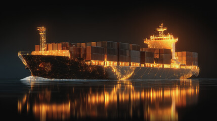 Double exposure of Twilight view of Container truck in ship port for business Logistics and transportation of Container Cargo ship and Cargo plane with working crane bridge with Earth and world map