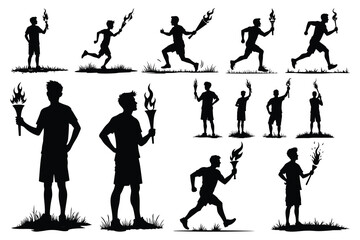 Silhouettes of male runners holding flaming torches