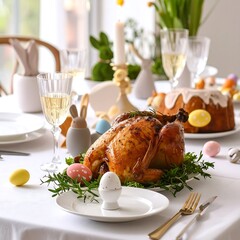 Festive Easter dinner table with roasted chicken, cake, and eggs