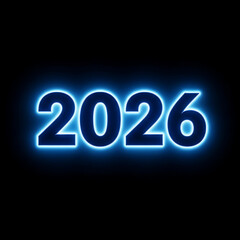 The year 2026 glows with a vibrant blue neon light on a black background